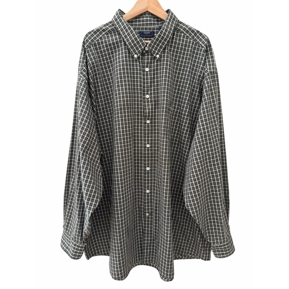 Dockers Mens Sz 4XLT Green Black Plaid Long Slv Button Down Shirt Pocket Preppy